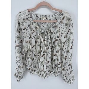 Selfie Floral Peasant Blouse XL Cream Lace Accent Crop Smocked Boho Cottagecore